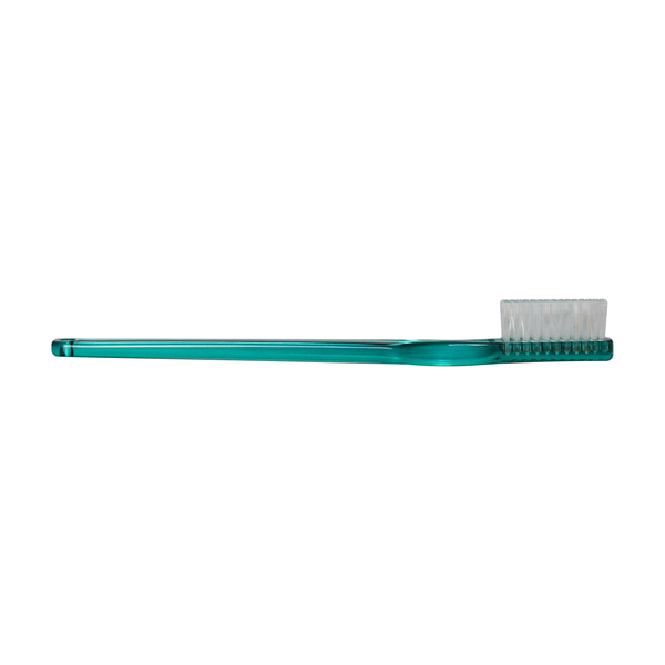 A toothbrush with even bristles and a green handle.