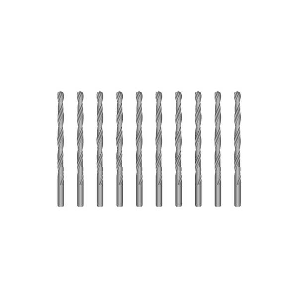 10 silver metal drills displayed in a line.