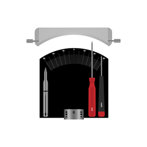 A black bending tool plate with increment marks from 30 on the left, 0 in the middle, and 30 on the right. There are three tools placed on the plate (from left to right): a stylus, a 5/64 inch hex driver, and a 0.035 inch hex driver.