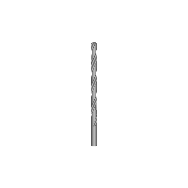 A singular silver metal drill shown vertically.