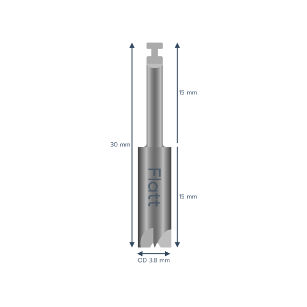 A silver metal drill with the label ‘Flatt’ on the front, labeled 30 millimeters long and an OD of 3.8 millimeters.